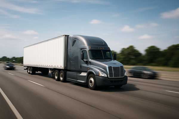 A tractor-trailer speeds down a highway in daylight, with motion blur emphasizing its fast movement. The truck has a dark gray cab and a white trailer, and other vehicles are visible in nearby lanes. Trees and a clear sky line the background. (Generated with AI)