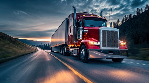 A red semi-truck hauling a white trailer driving on a highway through a hilly landscape at dawn. (732907693)
