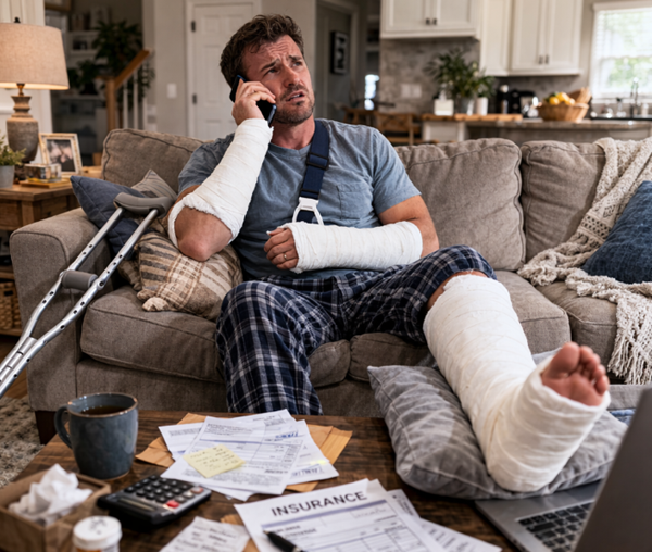 A man with casts on both arms and a leg sits on a sofa, looking stressed while talking on a smartphone. Numerous medical and insurance documents, along with a calculator, are spread out on the coffee table in front of him.
