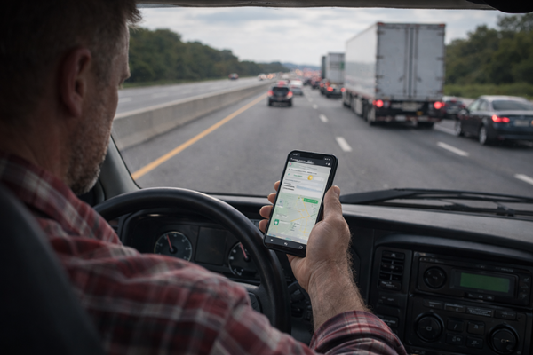 A truck driver holding a smartphone with a navigation app open while driving on a busy highway, illustrating a common cause of serious truck accidents in Arkansas where the trucker is distracted and doesn't brake before crashing into stopped traffic.