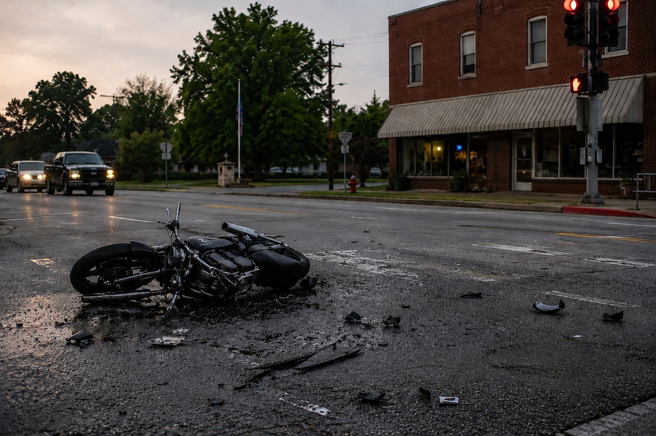 A black cruiser-style motorcycle lies on its side in the middle of a wet Arkansas street intersection at dusk, surrounded by scattered debris. In the background, a red traffic light, a multi-story brick building, and oncoming vehicles with headlights on are visible.