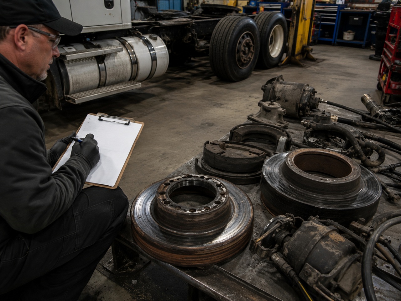 A mechanic wearing safety glasses and black gloves crouches in a repair garage to inspect worn semi-truck brake components, including large rotors, brake shoes, and calipers arranged on a workbench, while filling out an evaluation form on a clipboard with a commercial truck chassis visible in the background.
