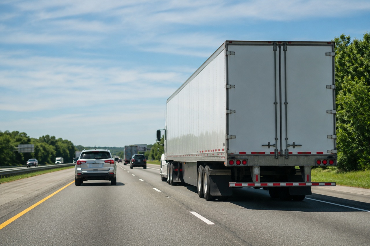A large semi truck sharing an Arkansas highway with passenger vehicles, illustrating the crash risks that can lead to compensation claims when a child is injured in a truck accident.