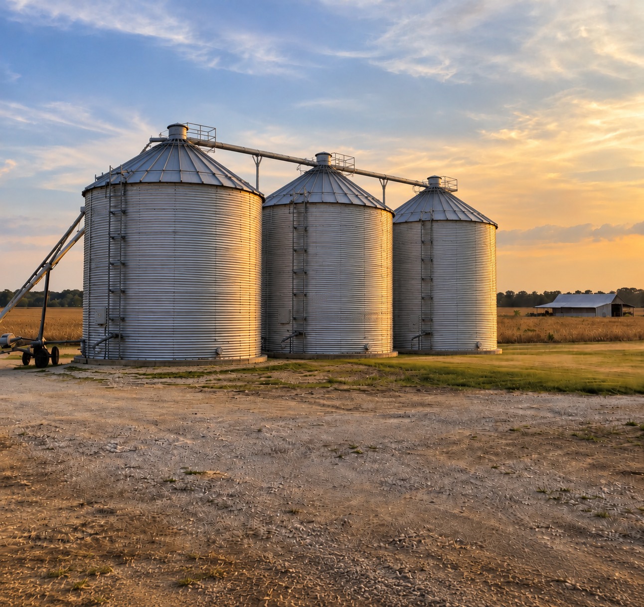 Three metal grain bins stand at a slight angle on an Arkansas farm at sunset.